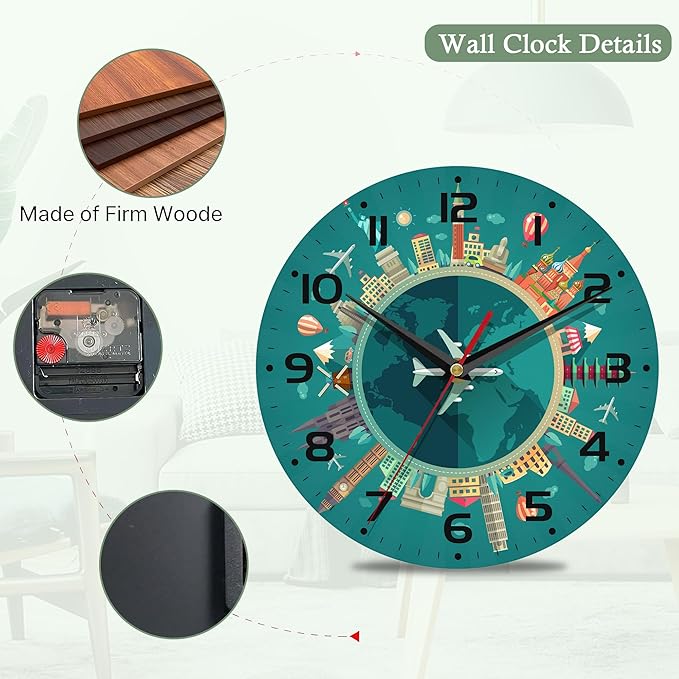 Wall Clock,Landmarks Wooden Art Hanging Clocks Silent Non-Ticking Wall Clock Battery Operated Round Home Arabic Numeral Decorative Wall Clocks 10 Inch