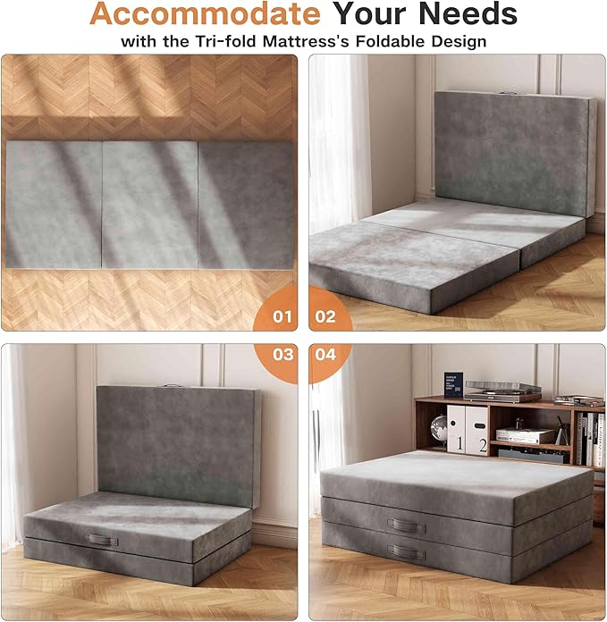 Tri-Fold Memory Foam Mattress, 6 inch Full Folding Mattress with Washable Covers, Reversible Design, Foldable Mattress Topper for Travel&Guests 75" x 52" x 6"