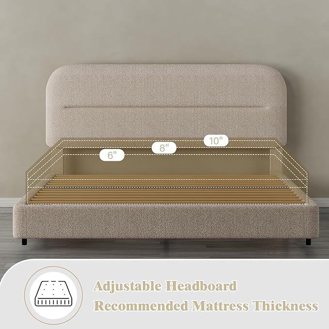 HOMBCK Bed Frame Queen Size, Boucle Upholstered Platform Queen Bed Frame with Headboard, Soft Headboard with Rounded Corners Design, Wood Slats, No Box Spring Required, Easy Assembly, Beige