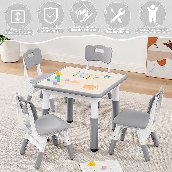 Adjustable Kids Table Chairs Set – Graffiti Desktop, Multi-Activity Height-Adjustable Toddler Study Desk for Ages 3-8 – Ideal for Home, Classroom, Daycare (W-Gray, 4 Chairs-23.6" L x 23.6" W)
