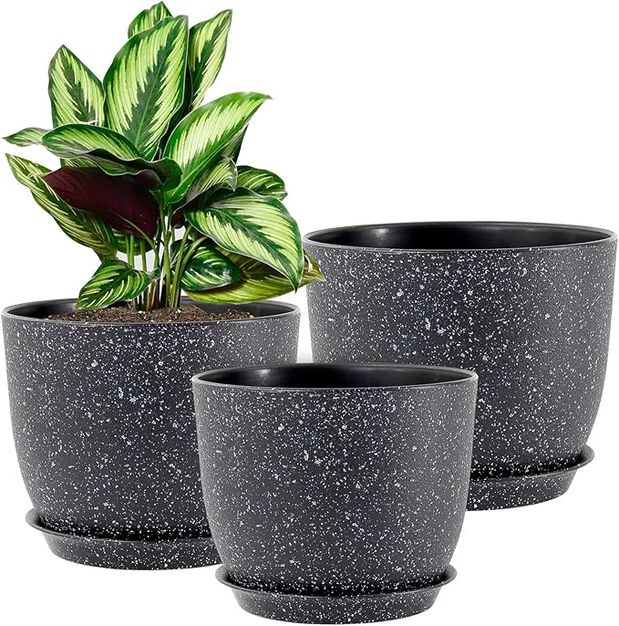 WOUSIWER Plant Pots 10/9/8 inch, Set of 3 Modern Decorative Plastic Planters with Drainage Holes and Saucers for House Plants Indoor Flowers Plants, Black with White Speckles