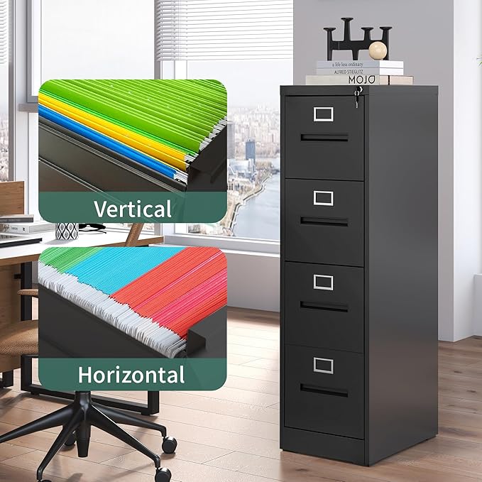 4 Drawer Vertical File Cabinet Home Office Metal Filing Cabinet, D17.7 Locking File Cabinets with Keys, Anti-Tilt Design, Steel Drawer Cabinet for A4/Legal/Letter,Need Assemble (Black)