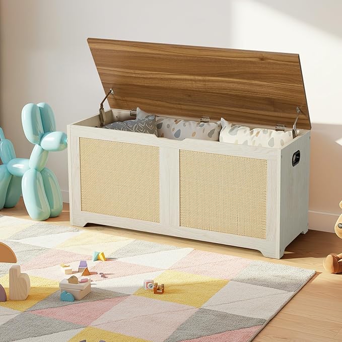 EROMMY Storage Chest, 39.4" Rattan Storage Bench with 2 Safety Hinges, Shoe Bench for Entryway, Bedroom, Living Room, Supports 300 lb