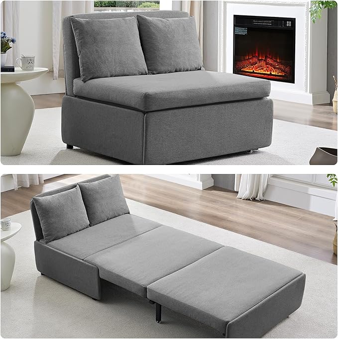 2 in 1 Pull Out Sofa Bed Full Size, Small Convertible Sleeper Sofa Couch, Linen Folding Guest Bed with Wheels and Cushions Pillow, Futon Sofas Couch Beds for Bedroom Office Lounge - Light Grey