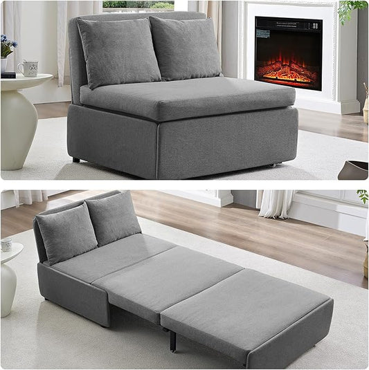 2 in 1 Pull Out Sofa Bed Full Size, Small Convertible Sleeper Sofa Couch, Linen Folding Guest Bed with Wheels and Cushions Pillow, Futon Sofas Couch Beds for Bedroom Office Lounge - Light Grey