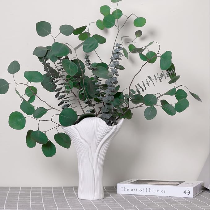 White Ceramic Vase Set of 2, Tree Bark Texture Antler Design, Handmade Nature-Inspired Flower Vases for Centerpiece, Home Office Wedding Decor, Gift Ready with Shockproof Box