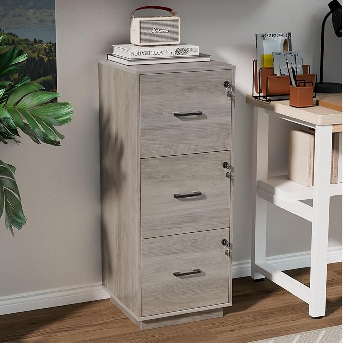 VINGLI 3 Drawer File Cabinet with Lock, Home Office Filing Organizer, for Letter Size File Folder Storage, Wood Tall Vertical Filing Cabinet, Printer Stand, Archivador (Rustic Gray)