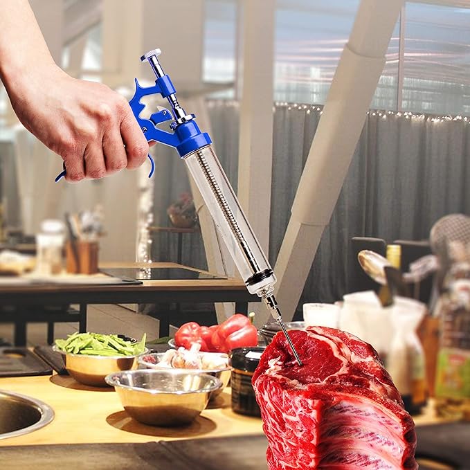 Meat Injector Marinade Gun Stainless Steel Outdoor Kit Flavor Food Syringes & 4 Marinades Needles for BBQ Grill Smoker Injectors Professional Syringe Held Culinary Barbecue Tool (Blue)