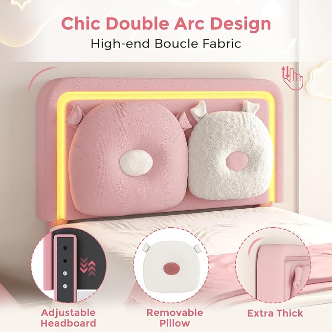 Twin Size Upholstered Bed Frame with LED Lights, Girls Bed with Adjustable Chic Double Headboard, Boucle Princess Platform Bed for Kids/Girls, Solid Wood Slats Support, No Box Spring Needed, Pink