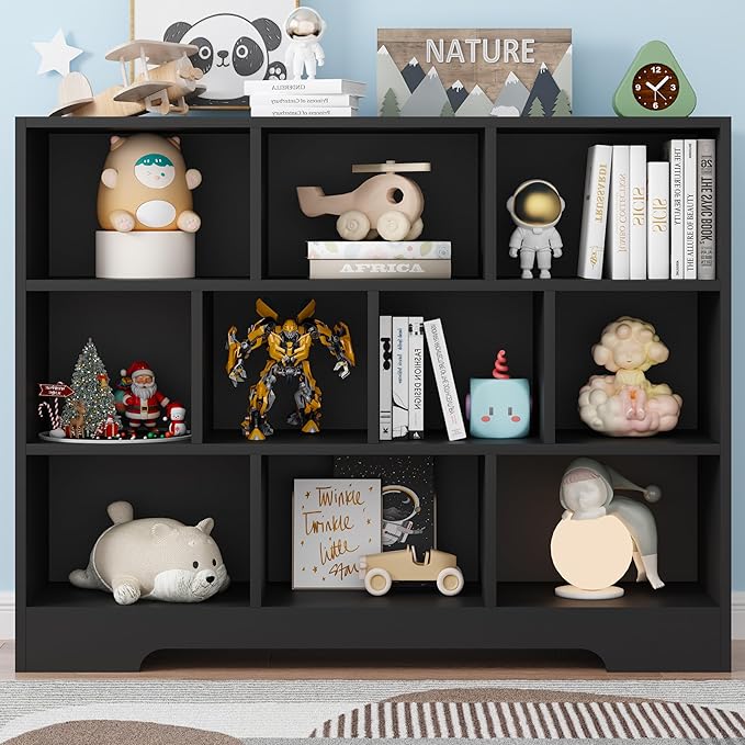 Kids Book Shelf Set of 2, 10 Cubes Storage Organizer Montessori Bookshelf, 3-Tier Wooden Kids Bookcase, Toy Storage Organizer for Children, Black Bookshelf Cube Shelf for Kid’s Room