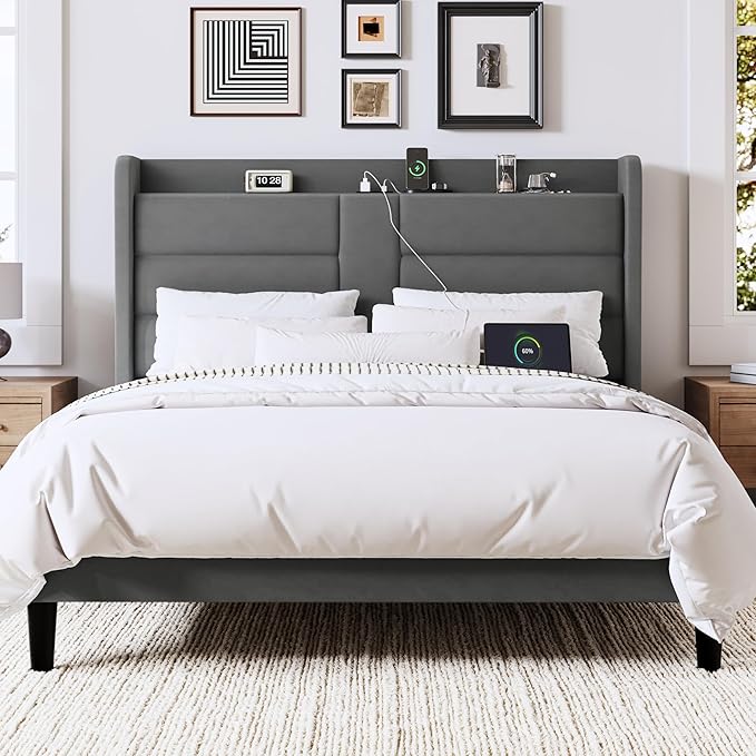 Allewie Queen Size Platform Bed Frame with Charging Station & Storage Headboard, Upholstered Velvet Wingback Design & USB Port, Strong Wooden Slats Support, No Box Spring Needed, Easy Assembly, Grey