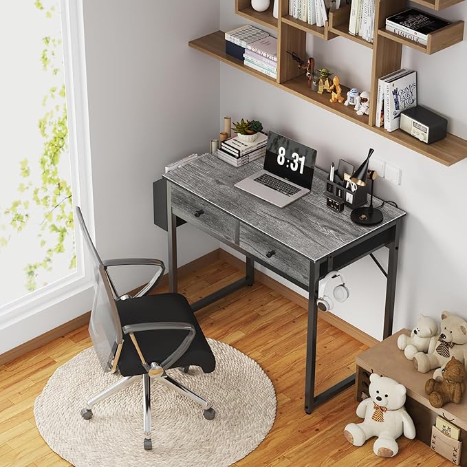 Lufeiya Small Desk with Drawers - for Bedroom, 32 Inch Home Office Computer Desk with Fabric Storage Drawer and Bag, Study Writing Table for Small Spaces, Gray