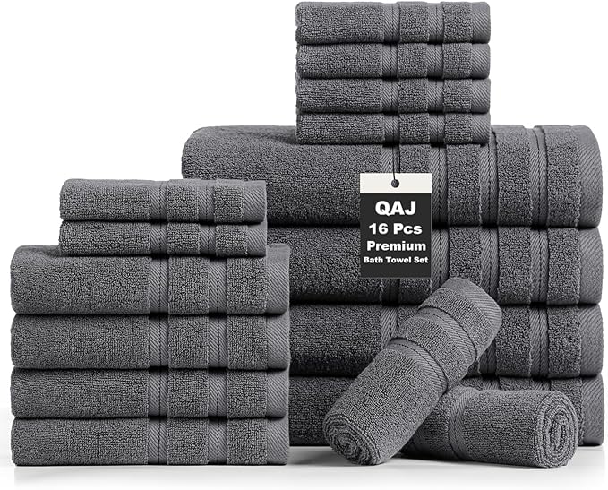 16-Piece Bath Towels Set, 100% Cotton Thick Soft Highly Absorbent Durable, Quick Dry, Bathroom Towels Set (4 Bath Towels, 4 Hand Towels, 8 Washcloths) - Perfect for Daily Use