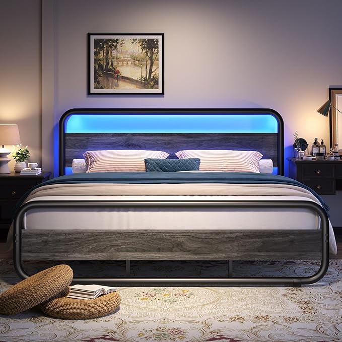 Catrimown King Size Bed Frame, Metal Bed Frame with LED Wood Headboard and, Heavy Duty Platform Bed with Under Bed Storage, Noise Free, No Box Spring Needed, Wash Gray