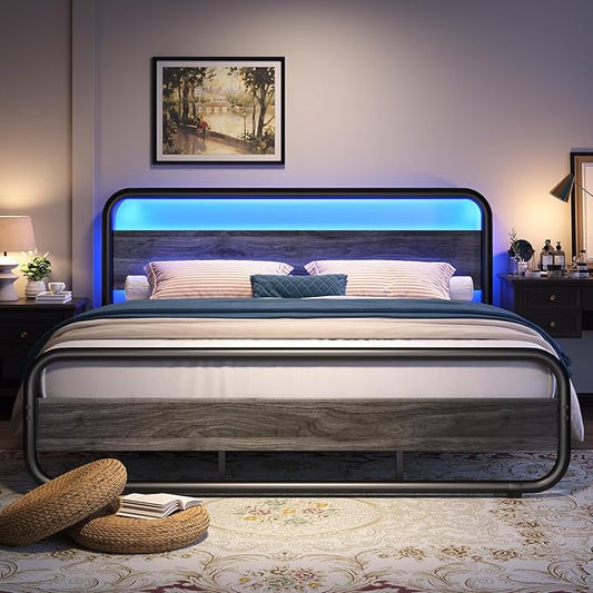 Catrimown King Size Bed Frame, Metal Bed Frame with LED Wood Headboard and, Heavy Duty Platform Bed with Under Bed Storage, Noise Free, No Box Spring Needed, Wash Gray