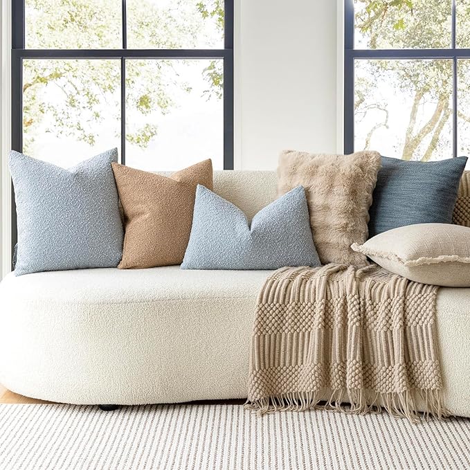 Foindtower Pack of 2 Modern Textured Boucle Lumber Throw Pillow Covers Accent Solid Decorative Pillow Cases Cozy Couch Cushion Case for Sofa Bed Living Room Home Decor, 12 x 20 Inch, Light Blue