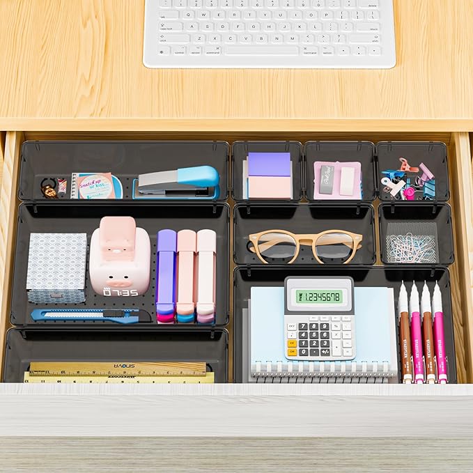 25 PCS Plastic Drawer Organizer Set, 4-Size Versatile Organizer Trays & storage Bins for Makeup, Jewelry, and Gadgets in Bathroom, Bedroom and Office,Clear Black
