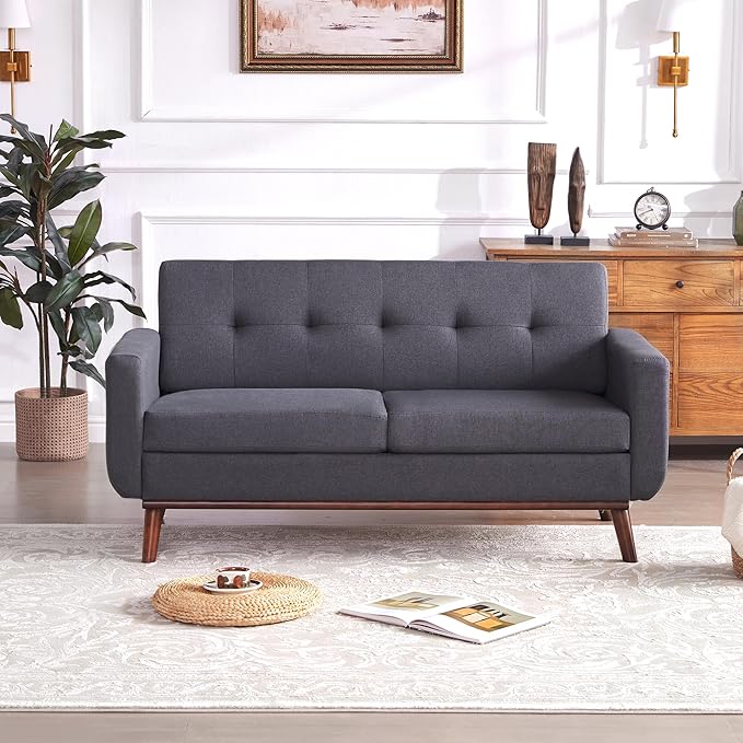 Kingfun 65" W Loveseat Sofa, Mid Century Modern Decor Love Seat Couches for Living Room, Button Tufted Upholstered Furniture, Solid & Easy to Install Small Couch for Bedroom Office Apartment,Gray