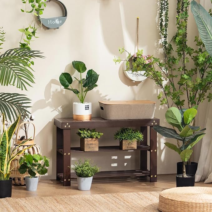 Apicizon Bamboo Shoe Rack for Entryway, 3-Tier Shoe Rack Bench for Front Indoor Entrance, Small Shoe Organizer with Storage, Dark Brown