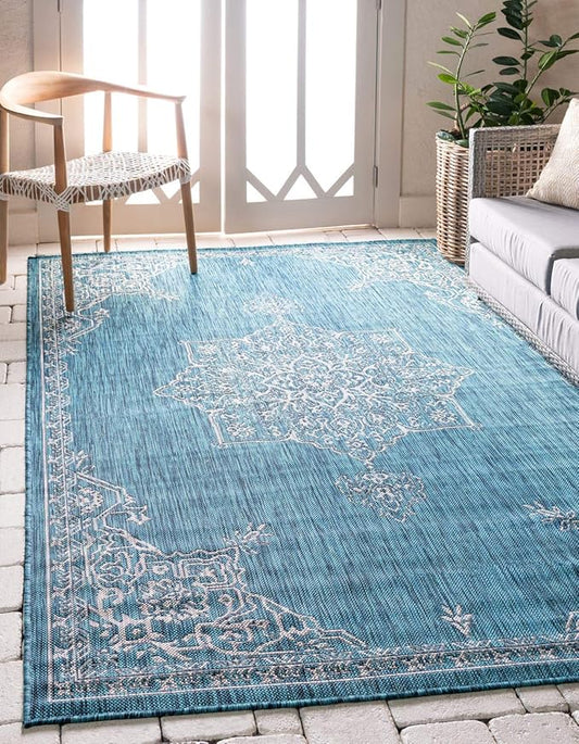 Unique Loom Outdoor Traditional Collection Area Rug - Antique (6' 1" x 9' Rectangle, Teal/ Gray)