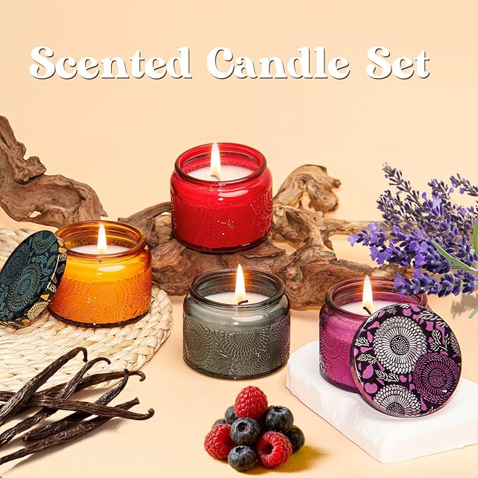 Scented Candles Gift Set 4 Pack, Natural Soy Wax Candles for Home, Natural Soy Wax, Aromatherapy Gifts Sets for Women Men, 11.2 oz-Lavender Vanilla Sandalwood Berry