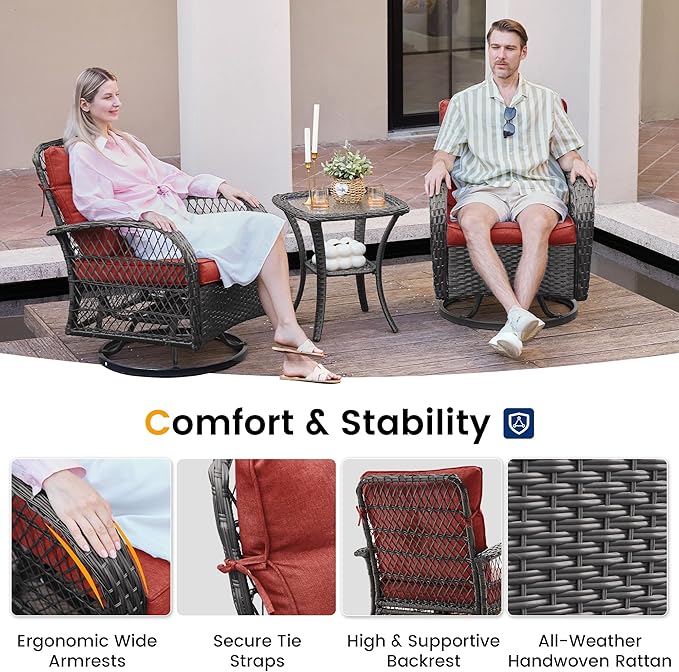UDPATIO 3 Pieces Patio Furniture Set, Outdoor Swivel Rocker Patio Chairs Set of 2, All-Weather PE Wicker Glider Chairs with Thick Cushions and Glass Coffee Table,for Porch Deck Backyard Red