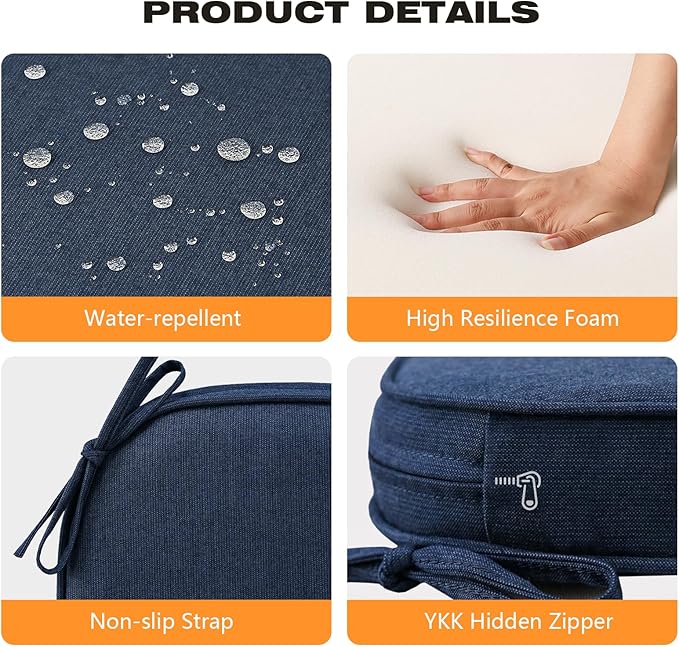 Sunbrella Round Corner Seat Cushions, 17" x 16" x 2", Set of 4, Indoor Outdoor Water Repellent Universal Chair Pads with Ties for Patio Furniture, Garden Dining Chairs, Specrtum Indigo