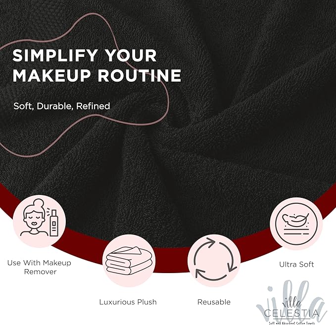 Black Makeup Remover Towels Set of 4, 100% Soft Cotton Reusable Luxury 4 Pcs Makeup Wipes for Face, Ideal for Salon, Bath, Hotel, Spa, Washcloths for Face Pack of 4 (12"X12")