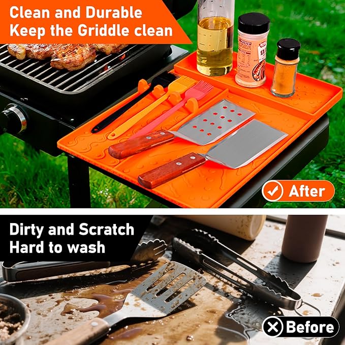 Griddle Mat Barbeque Grill Accessories Tools for Blackstone, Side Shelf Food-Grade Silicone Spatula Mat with Drip Pad for Outdoor Grill Kitchen Counter - Orange