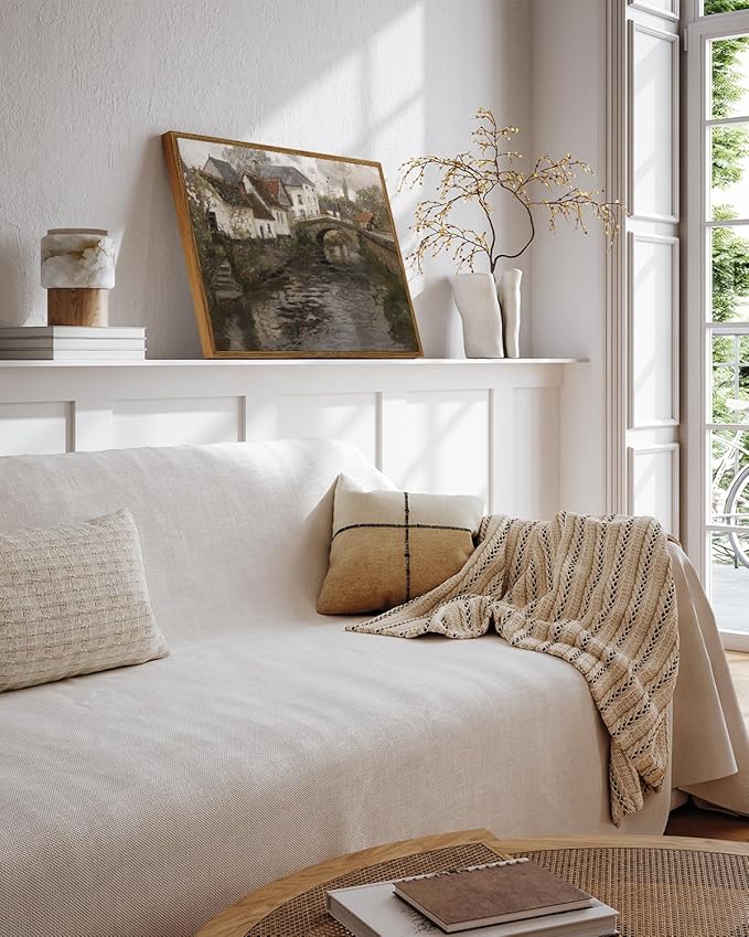 InSimSea Framed Canvas Wall Art Vintage Decor, Landscape Wall Art, Riverside Small Town Pictures Home Decor, Rustic Farmhouse Wall Print for Bedroom Living Room, 12"x16"