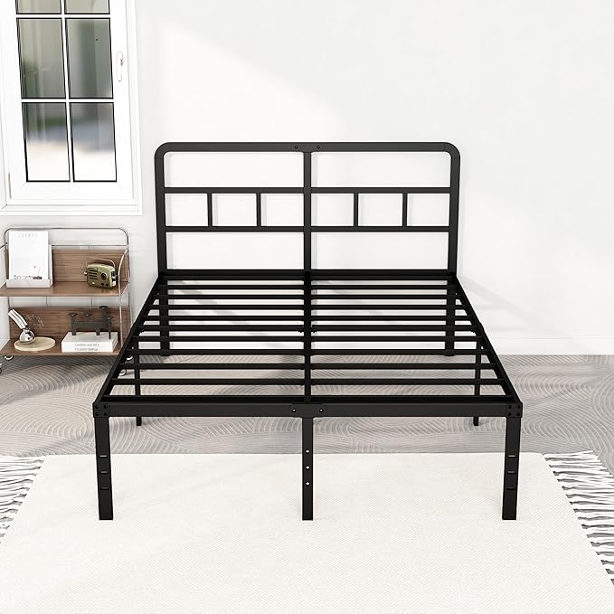 18 Inch Queen Bed Frame with Headboard No Box Spring Needed, Heavy Duty Metal Queen Size Platform with Steel Slat, Mattress Foundation, Easy Assembly, Noise Free, Black