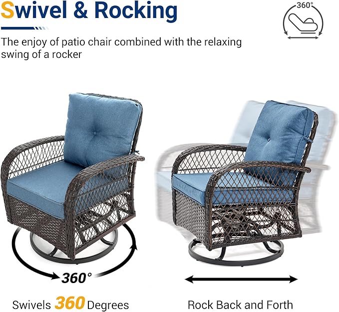 UDPATIO Patio Furniture Set 360 Swivel Chair 3 Piece Patio Set Wicker Outdoor Chair with Coffee Table for Yard, Bistro, Balcony, Blue