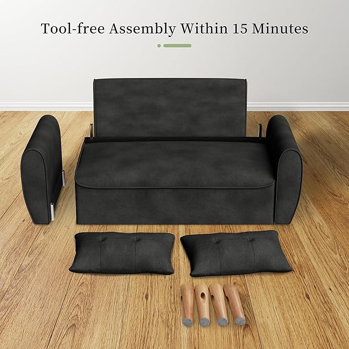 Vongrasig 47" Small Modern Loveseat Sofa, Mid Century Linen Fabric 2-Seat Sofa Couch Tufted Love Seat with Back Cushions and Tapered Legs for Living Room, Bedroom and Small Space (Black)