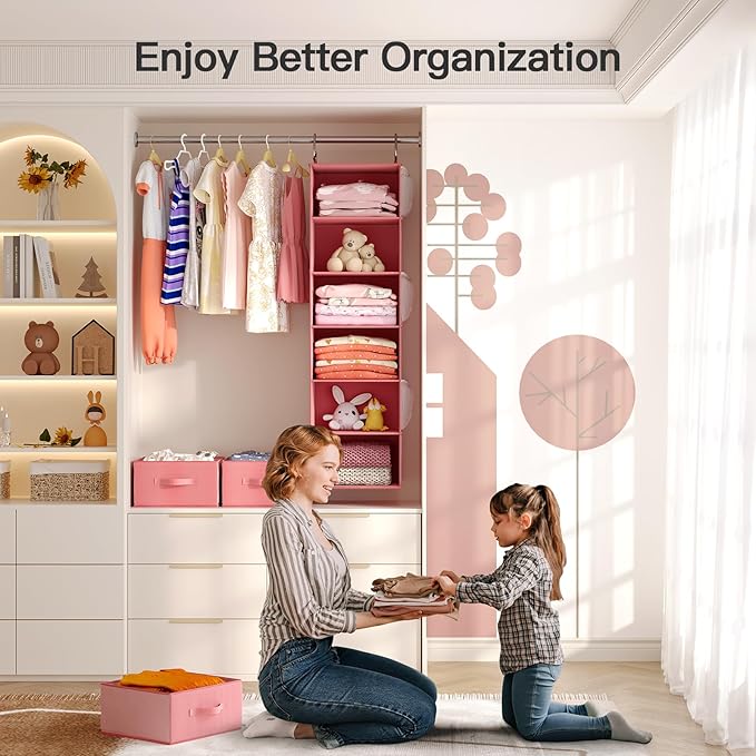 Pipishell Hanging Closet Organizer 6-Shelf, Hanging Shelves for Closet with 3 Removable Drawers & Side Pockets, Hanging Shelf Organizer for Bedroom or Garment Rack, 12'' x 12'' x 43.3'', Pink