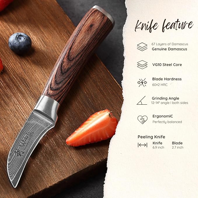 Wakoli EDIB Peeling Knife, 6.9-Inch Damascus Kitchen Knife, VG10 Core, Pakkawood Handle, Knife for Food Peeling in Gift Box