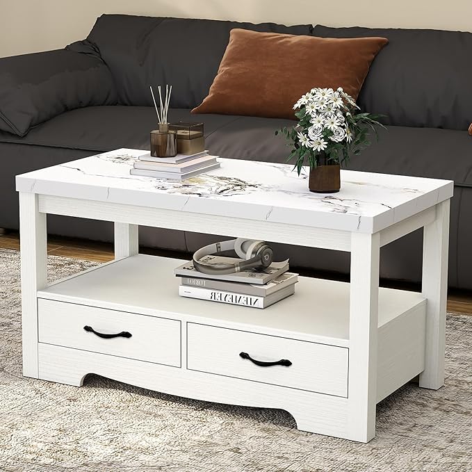 Coffee Table 40" Faux Marble 2-Tier Modern Wooden Rectangle Center Table with Drawers for Living Room, Conference Room, Thickened Top, Small Space Home Furniture (White Oak with Storage)