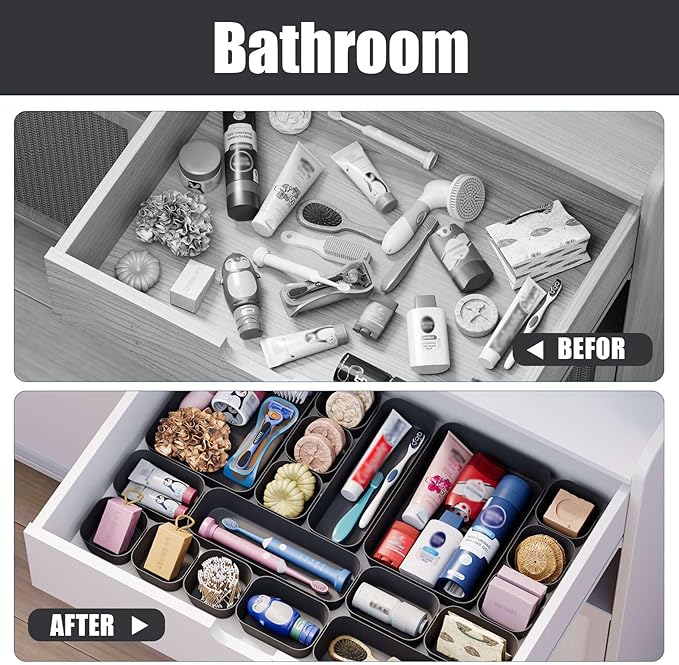 Plastic Drawer Organizers, 10 PCS Drawer Organizer Bins, Bathroom and Vanity Organizer Plastic Tray, Makeup organizer and storage for Makeup, Bedroom, Kitchen Gadgets Utensils and Office (Black)