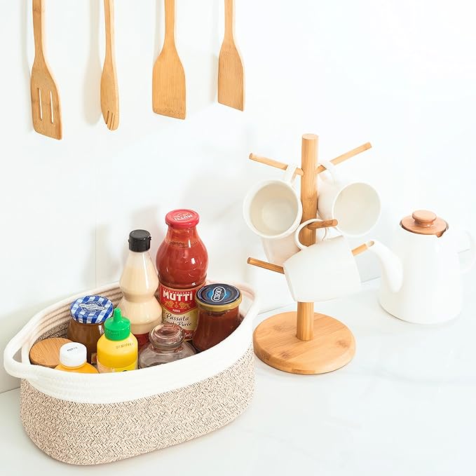 MINTWOOD Design 5-Piece Small Decorative Woven Storage Baskets Set for Shelves, Bathroom, Pantry and Nightstand Organizer, Catch All Tray for Organizing Gifts, Dog and Cat Toys, Light Brown