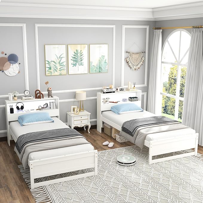 KOMFOTT Twin Size Wood Platform Bed Frame with Charging Station & LED Light, Platform Bed with Storage Headboard & 12” Under-Bed Space, No Box Spring Needed Bed Base, Wood Mattress Foundation (White)