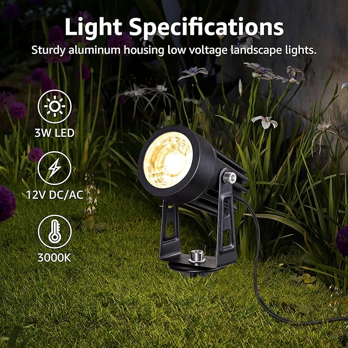 SUNVIE 3W Low Voltage Landscape Lighting LED Landscape Spotlights with Connectors Waterproof Low Voltage Landscape Lights 3000K Warm White Uplights Outdoor Spot Lights for Yard Garden House, 4 Pack