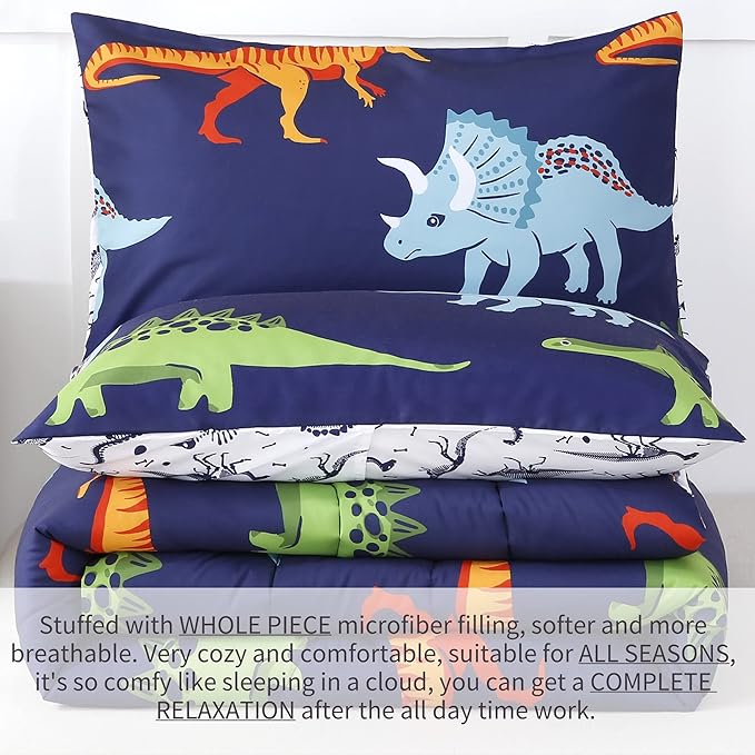 RYNGHIPY Cartoon Dinosaur Comforter Set, Dark Blue Dinosaur Kids Bedding Set for Boys, Dinosaurs Print Comforter Sets for Kids/Toddlers/Teens (Dinosaur,Full)