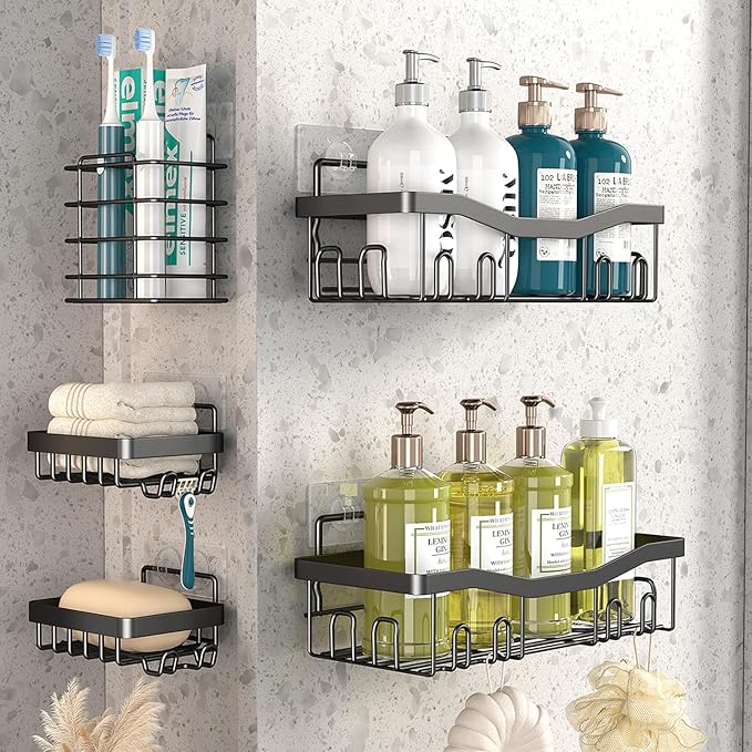 Adhesive Shower Caddy, No Drilling Bath Organizers 5 Pack, Rustproof Shelves with Soap Holder & Toothbrush Holder, Bathroom Organizers and Storage, Black