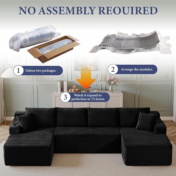 104''Sectional Cloud Couch with L Shaped Chaise,Modern Modular Sectional Sofa,Boneless Couch with Deep Seat,Comfy Couches for Living Room (Black, U Shaped)