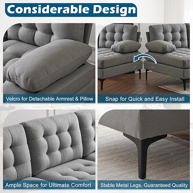 VINGLI 110" Modern U Shaped Sectional Sofa Couch with 51"D Double Chaise for Living Room, Large Tufted Button Couch Sets with 5.9" Thickness Seating Padding for Small Spaces (Light Grey,Tufted Button)