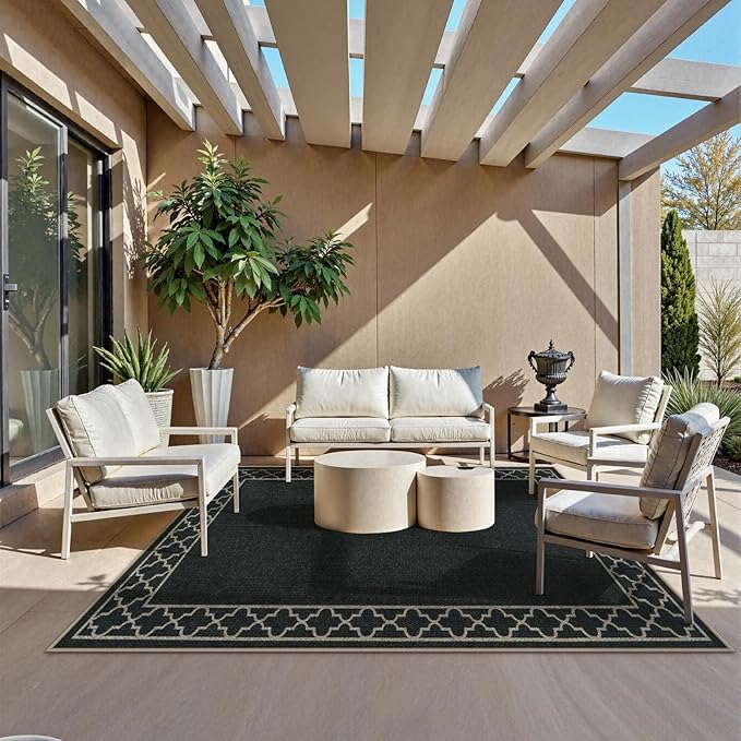 OJIA Easy Jute Outdoor Area Rug 8x10, Large Patio Rug Washable Living Room Rug Farmhouse Indoor Outdoor Carpet Bordered Modern Non-Slip Black Rugs for Bedroom Backyard Deck Decor