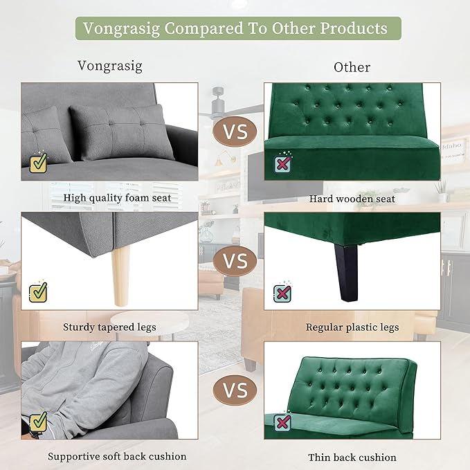 Vongrasig 47" Small Modern Loveseat Sofa, Mid Century Linen Fabric 2-Seat Sofa Couch Tufted Love Seat with Back Cushions and Tapered Legs for Living Room, Bedroom and Small Space (Light Gray)