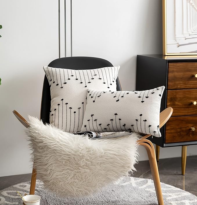 Boho Throw Pillow Covers 12x20 Set of 2 Decorative Pillows for Bed, Neutral Pillow Covers Beige with Black Line Throw Pillows for Modern Farmhouse Couch Sofa Living Room Outdoor