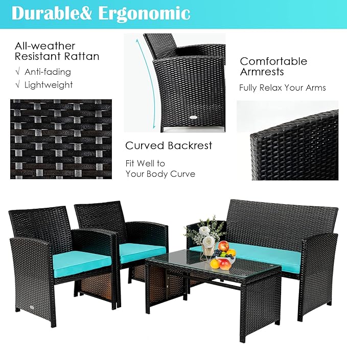 Tangkula 6 Pieces Patio Furniture Set, Outdoor Sectional Conversation PE Rattan Sofa Set with 1 Loveseat, 1 Coffee Table, 2 Armchairs and 2 Ottomans for Garden, Deck, Backyard and Poolside (Turquoise)