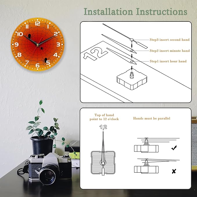 Wall Clock,Orange Spider Web Wall Clocks Wooden Art Hanging Clock Silent Non-Ticking Wall Clocks Battery Operated Round Home Arabic Numeral 10 Inch