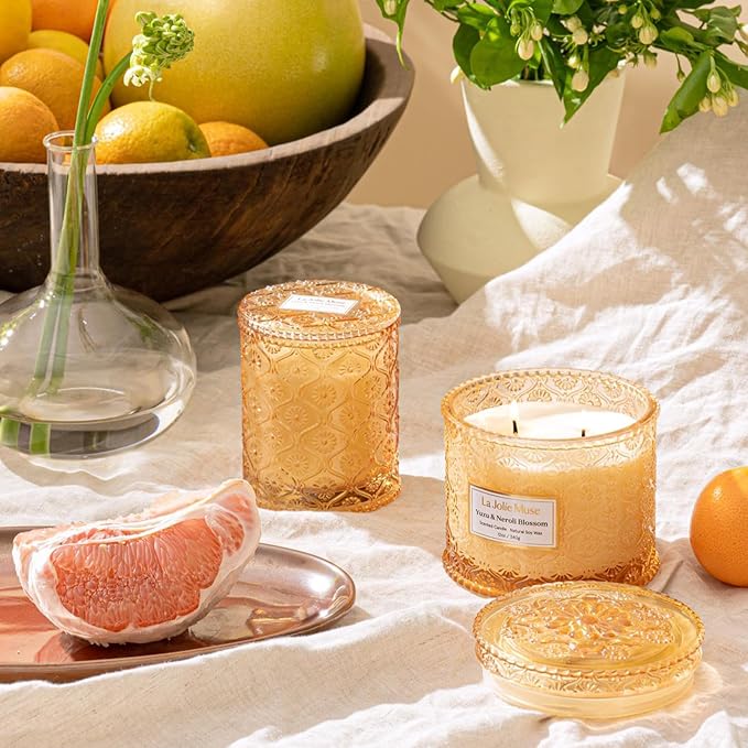 LA JOLIE MUSE Citrus Candle, Yuzu & Neroli Blossom Scented Candles, Luxury Jar Candle Gifts for Women & Men, Large 2-Wick Soy Candles, 60 Hours Long Burning, 12oz